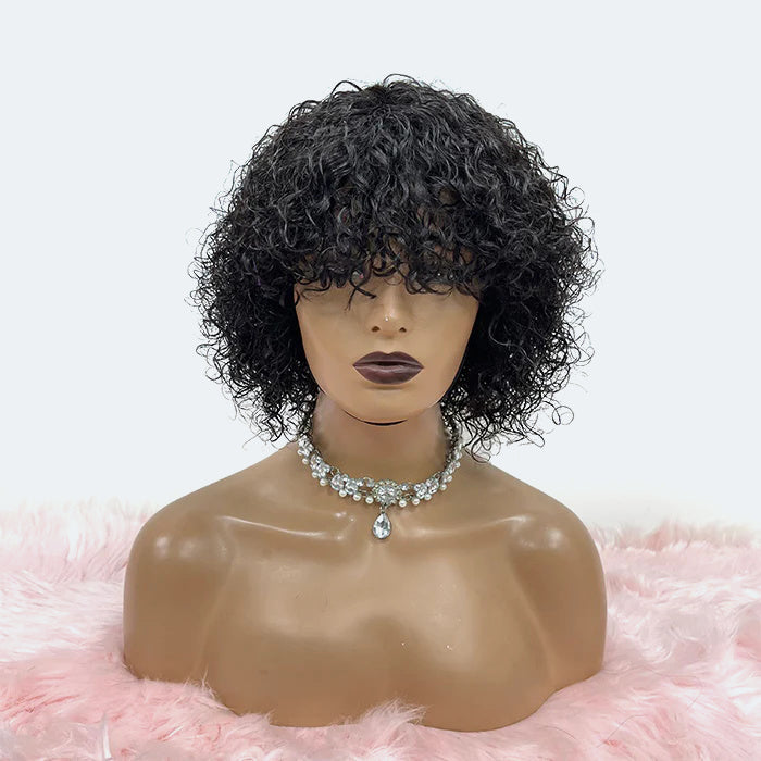 Human Hair Curly Bob Wig with Bangs 10" Glueless