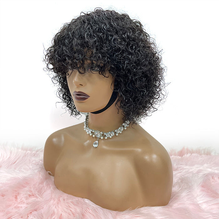 Human Hair Curly Bob Wig with Bangs 10" Glueless