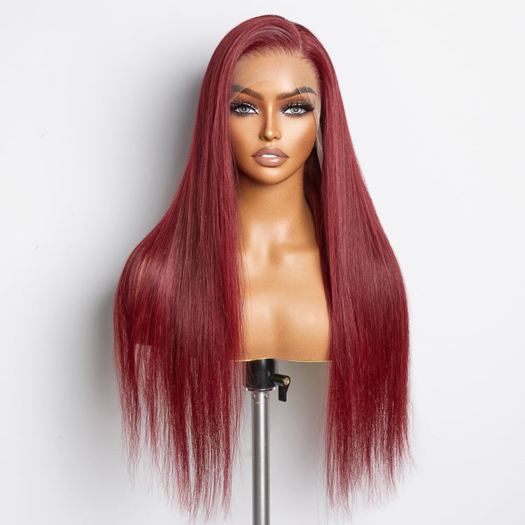 Human Hair 13x4 Lace Frontal Wig Burgundy Straight 24"