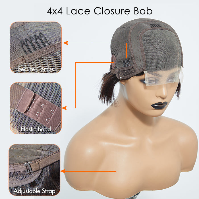Human Hair 4x4 Lace Closure Bob Wig Straight 8" Side Part