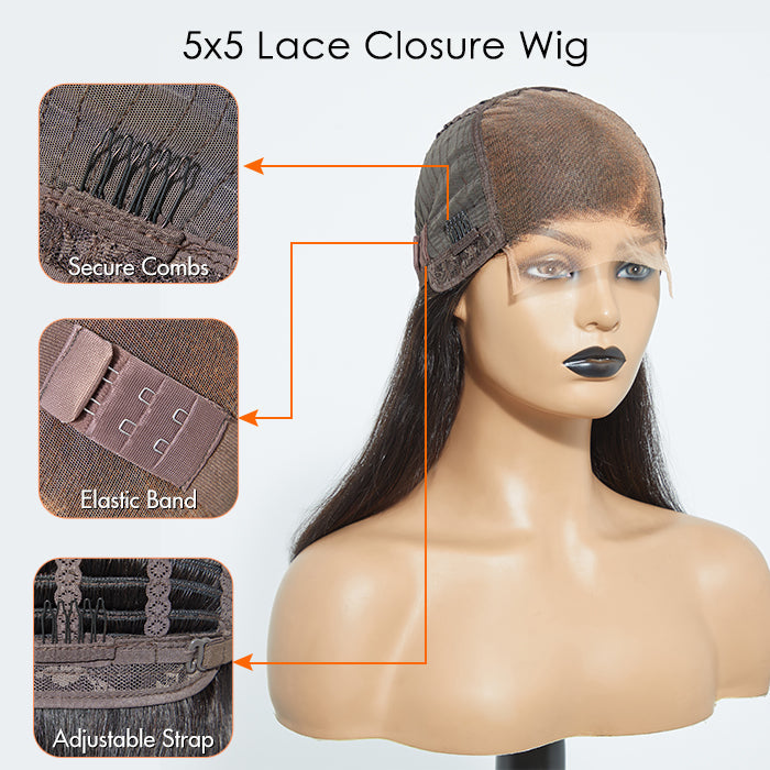 Human Hair 5x5 Glueless Lace Closure Bob Wig Straight
