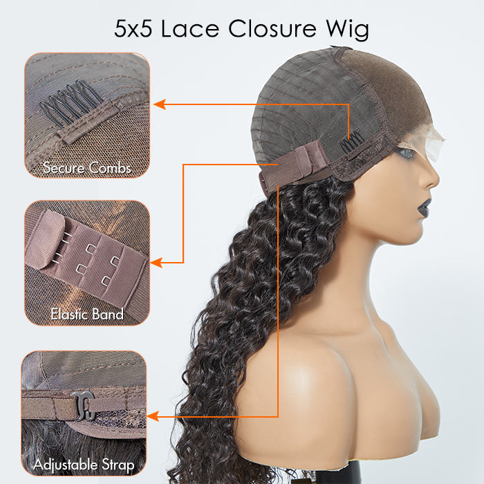 Human Hair 5x5 Glueless Lace Closure Wig Deep Wave